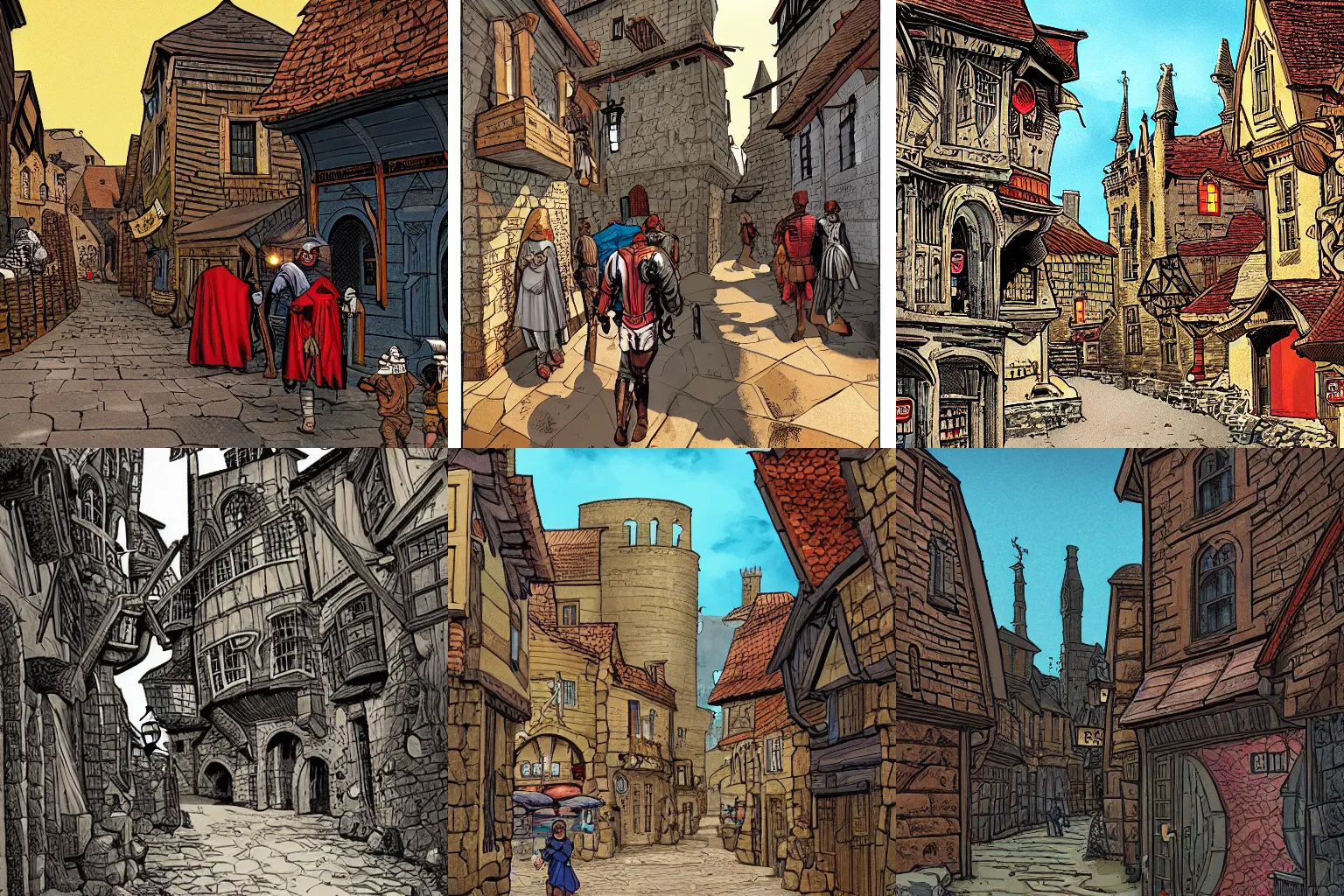 Prompt: medieval city street, by marvel comics