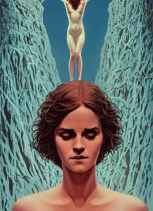 Image similar to poster artwork by Michael Whelan and Tomer Hanuka, Karol Bak of religious Emma Watson nightmare of the crucifixion, from scene from Twin Peaks, clean