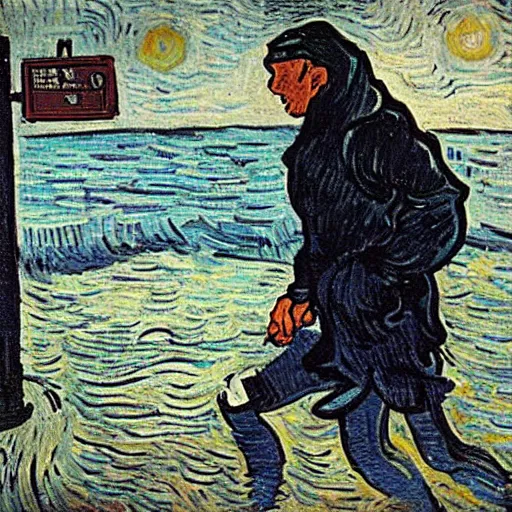Prompt: guy with black hoodie is chained to a stop traffic sign pole under water. under the sea. trying to get free. van gogh style