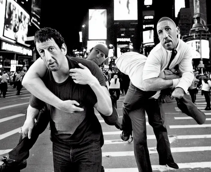 Image similar to The rock piggyback on Adam Sandler on Methamphetamine at Times Square, photograph by Alfred Eisenstaedt, 4K, dramatic lighting; 4K 8K