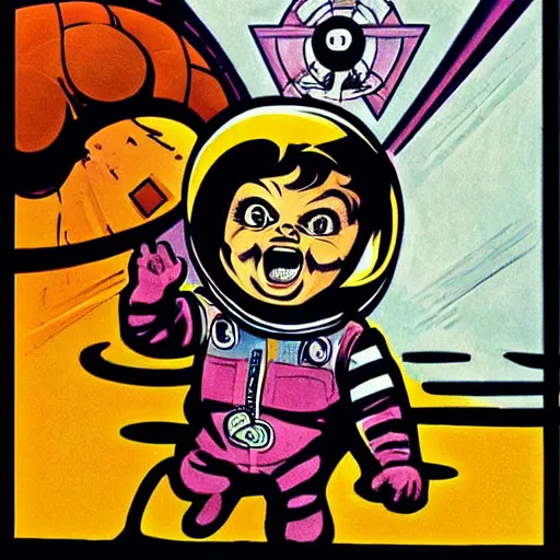 Prompt: a cute little chucky doll screaming. he is dressed as an astronaut. well composed, clean elegant painting, beautiful detailed face. comic book art by steve ditko and jack kirby and ( alphonse mucha )
