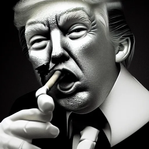 Image similar to a high quality photo of donald trump smoking a cigar, 3d scene, render, ultra realistic, artstation, cgsociety