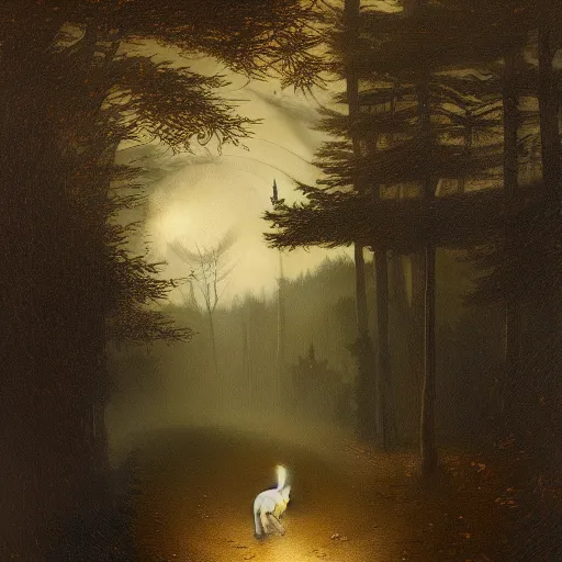 Image similar to matte painting of a tabby cat walking on a path in a dark moonlit Maine forest, serene, highly detailed, by caravaggio and alan lee, trending on artstation, 4k