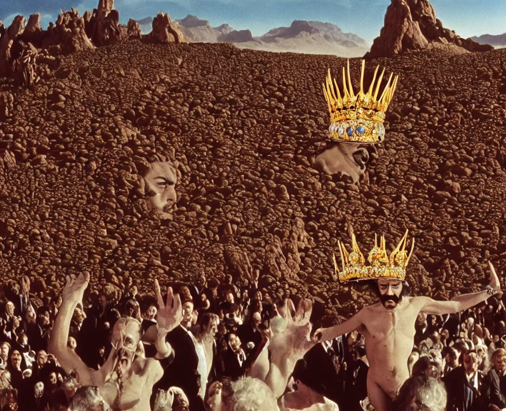 Prompt: salvador dali wearing a crown and jewels in front of a huge crowd in a dry rocky desert landscape, film still from the movie by alejandro jodorowsky with cinematogrophy of christopher doyle and art direction by hans giger, anamorphic lens, kodakchrome, very detailed photo, 8 k