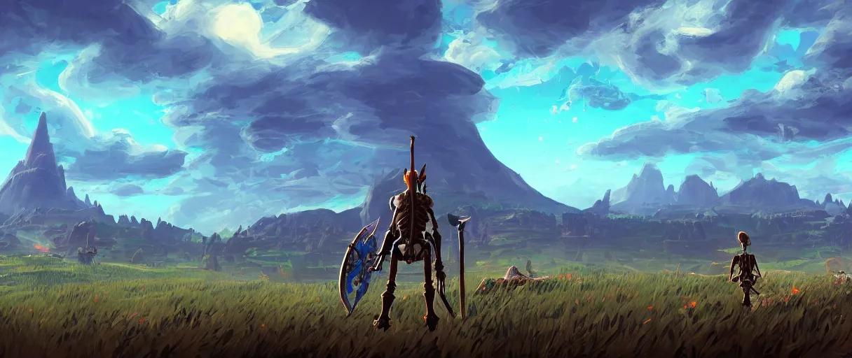 Prompt: digital painting concept art of a landscape with a huge skeleton in it, highly detailed, in the style of Zelda breath of the wild, volumetric lighting, Matte painting, trending on artstation, day time, godrays