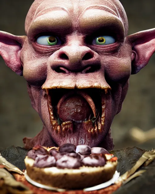 Image similar to closeup profile face portrait of a medieval goblin eating cakes in the cloisters, depth of field, zeiss lens, detailed, symmetrical, centered, fashion photoshoot, by by hyung tae, frank frazetta, bosch, giger, breathtaking, 8 k resolution, extremely detailed, beautiful, establishing shot, artistic, hyperrealistic, beautiful face, octane render