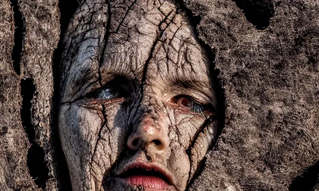 Prompt: close-up of a crying ancient dried up Danu, peaceful, facing the camera and standing in front of a dried up river in a desolate land, dead trees, blue sky, hot and sunny, highly-detailed, elegant, dramatic lighting, artstation, 4k, cinematic landscape, photograph by Elisabeth Gadd