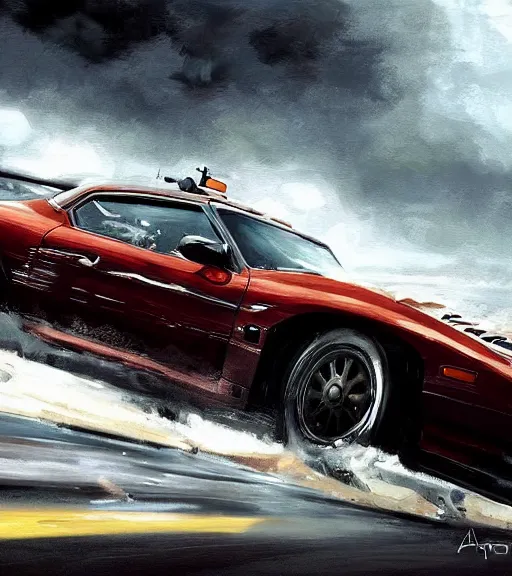 Prompt: high quality high detail painting by alberto mielgo and jaime jones, car chase, cinematic, hd