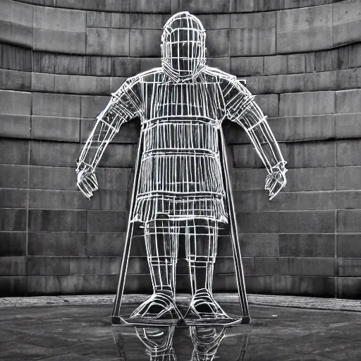 Prompt: knight, statue, chrome, reflect, wireframe, photograph