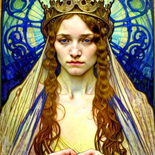 Image similar to detailed realistic beautiful young medieval queen face portrait by jean delville, alphonse mucha, vincent van gogh, and marco mazzoni, art nouveau, symbolist, visionary, gothic, pre - raphaelite