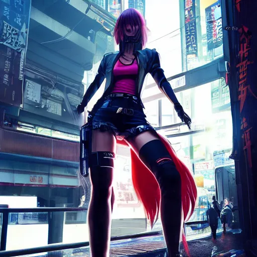 Image similar to a full body illustration of an Japanese female cyberpunk character with red hair, cyberpunk 2077 concept art, wearing oversized gold techwear jacket revealing tank top underneath, torn punk leather pants, highly detailed, soft lighting, by Stanley Artgerm Lau, WLOP, Rossdraws, James Jean, Andrei Riabovitchev, Marc Simonetti, and Sakimichan, HD, 4K