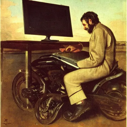 Image similar to a man on a motorcycle programming on a laptop computer. in style of ilya repin
