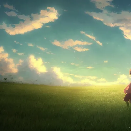 Prompt: a cute fantasy creature in a field with clouds in the sky by Makoto Shinkai