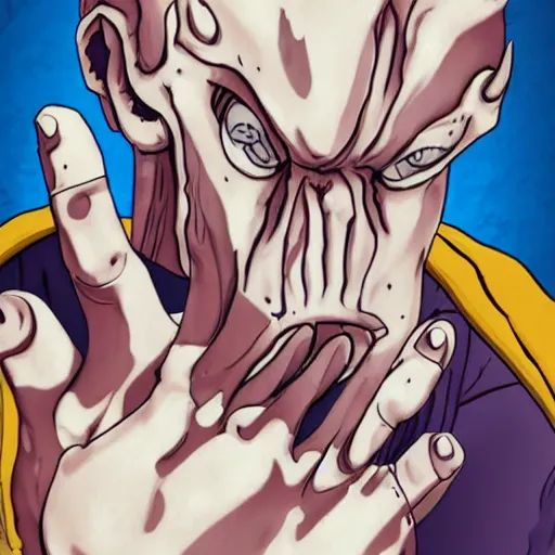 Image similar to portrait of mutant with horn in form of hand, anime, transplanted hand to head, surgery, like bebop, bump in form of hand, growth on head, hippo - man