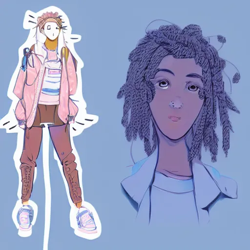 Prompt: A digital art of a cute girl with messy curly pastel hair, streetwear fashion, in the style of lya kushinov, Avetetsuya Studios