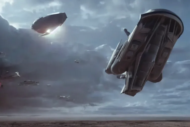 Prompt: VFX movie of a futuristic spaceship taking off in war zone, natural lighting by Emmanuel Lubezki