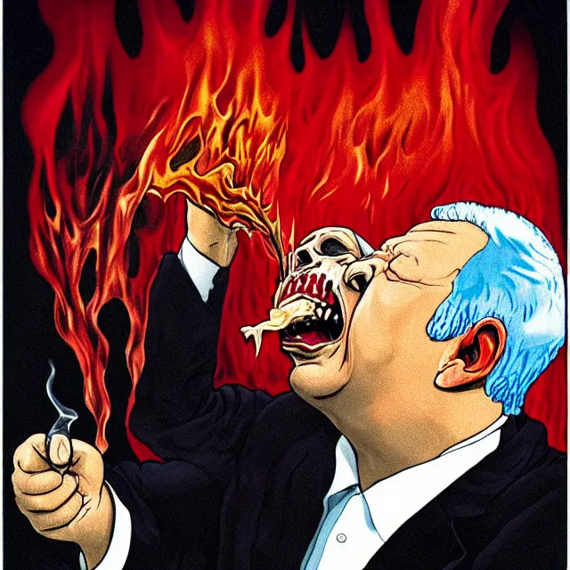 Prompt: boris yeltsin pours lead into the mouth of a sinner in hell, scary art in color