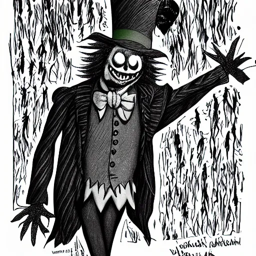 Image similar to a Pop Wonder scary horror themed goofy-hilarious-character Jack-Frost-Babadook-scarecrow-madhatter-williewonka-wearing a scarf, 3-piece-suit, dime-store-comic drawn with charcoal and pen and ink, half-tone-line-stacking