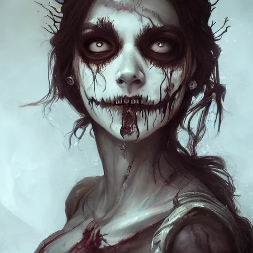 Image similar to detailed portrait of a cute undead zombie girl, beautiful, fantasy, intricate, elegant, highly detailed, digital painting, artstation, concept art, matte, sharp focus, illustration, art by aenaluck and roberto ferri and greg rutkowski, epic fantasy, digital painting