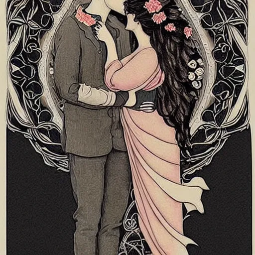 Image similar to a couple in love. she has dark wavy hair. he is bald. in the style of art nouveau. floral. hyper detailed. intricate. beautiful.