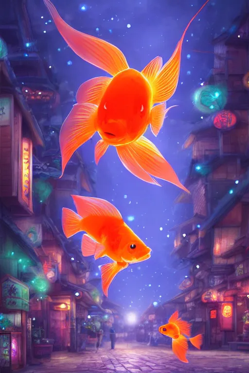 Prompt: fantasy art of glowing goldfish swimming in the air, in the streets of a japanese town at night, with people watching in wonder, in the style of studio ghibli and makoto shinkai, highly detailed digital art, trending on artstation