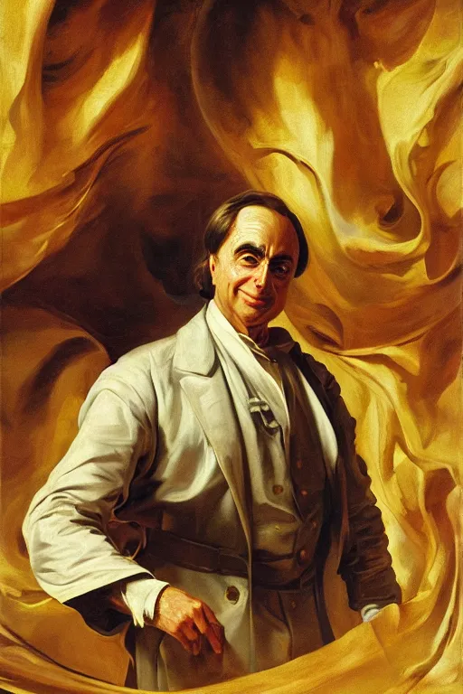 Image similar to Carl Sagan oil on canvas, golden hour, artstation, by J. C. Leyendecker and Peter Paul Rubens,