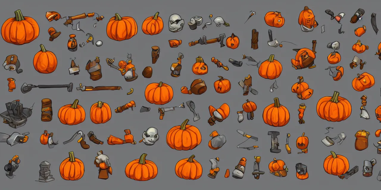 Prompt: game asset sheet, 2 d sprite, pumpkin bombs, material study