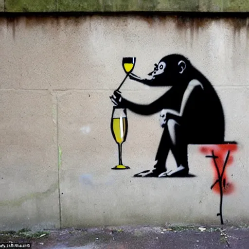 Image similar to Graffiti by Banksy of an ape in a suit drinking champagne