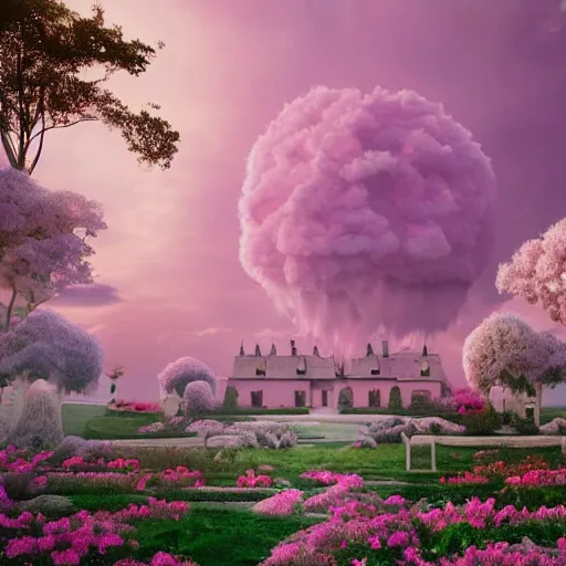 Image similar to a path to a dream crystal pink estate, clouds like Marshmallow, the image is like beautiful dream, pink sun, 4k post-processing highly detailed, art station, unreal engine + cinematography by Wes Anderson, Wide angle shot, 1970s Marie Antoinette, futuristic, volumetric light, Fuji film, intricate detail, hyperreal, hyperrealistic, 4K, Octane render, unreal engine cinematic, sublime atmosphere,