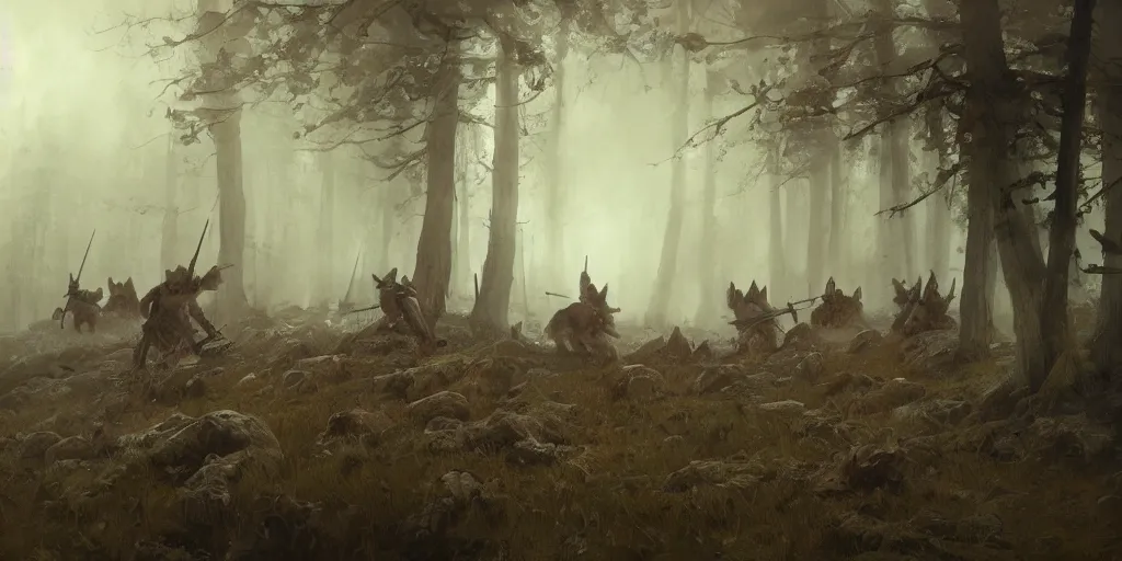 Image similar to a painting of a group of medieval villagers with rifles being attacked by 3 big wolves in a foggy dense forest by greg rutkowski, dark fantasy art, high detail, trending on artstation