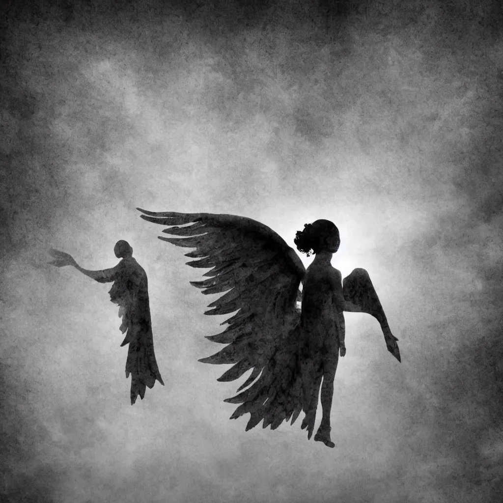 Prompt: i wait upon you in heaven, the angels are calling me back home, bad dream, hazy memory, volumetric, dark black and white in the style of alvin schwartz, epic angles
