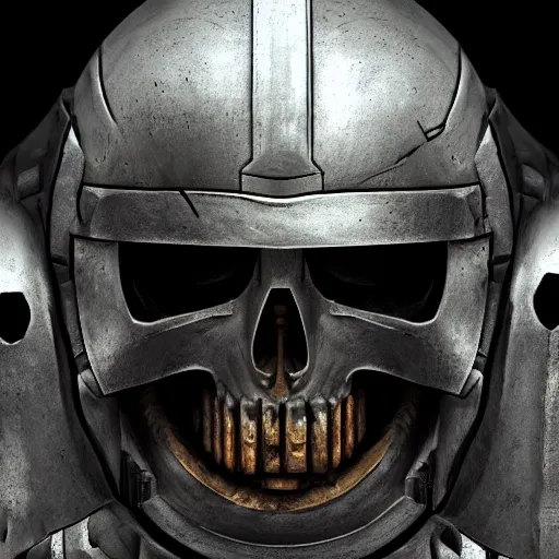 Image similar to space marine, knight, skull helmet, terminator, terrifying, grimdark, horror, war, photorealistic, front view, symmetrical, artstation, dark souls style