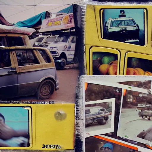Prompt: old polaroids of futuristic african mobile market places in lagos traffic, side of taxi as fruit stand, digital advertising screens