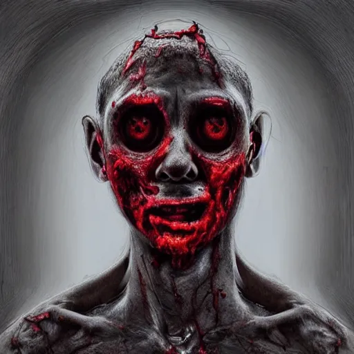 Prompt: “ an abomination creation, skin and vein covered pustule protrusions of decay and rot, oil covered red eyeballs glisten in the dark moody atmosphere, award winning digital art ”