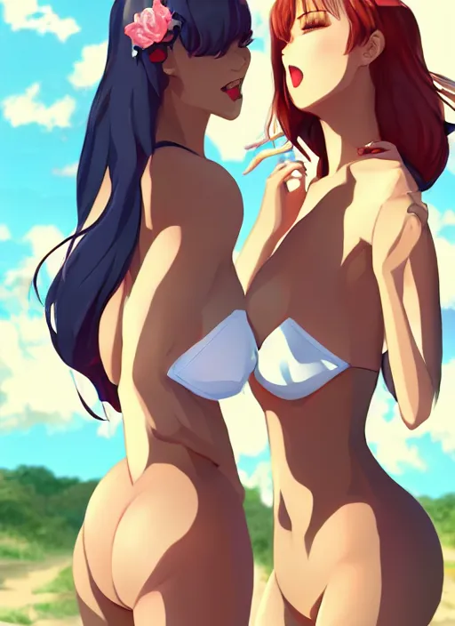 Prompt: two beautiful mothers taunting each other, summer clothes, gorgeous faces, smooth, thick lines, cinematic lighting, detailed anime art