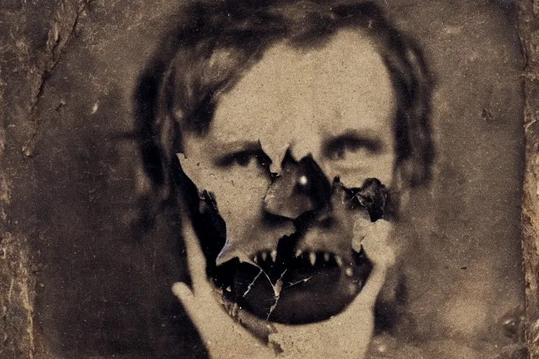 Prompt: portrait of demon with fangs, old vintage photography, daguerreotype, damaged photo, film artifacts, scratches, tears, hyperrealistic, ultra detailed, 4 k