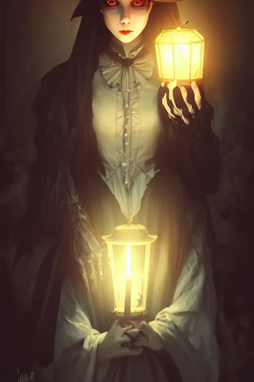 Image similar to portrait of a ghoulish victorian witch dark cheekbones holding a lantern, halloween night, charlie bowater, artgerm, ilya kuvshinov, krenz cushart, ruan jia, realism, ultra detailed, 8 k resolution