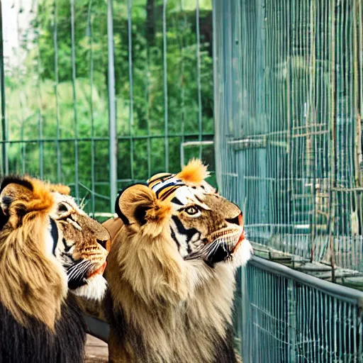 Image similar to lion and a tiger roaring in cage at the zoo wearing hats