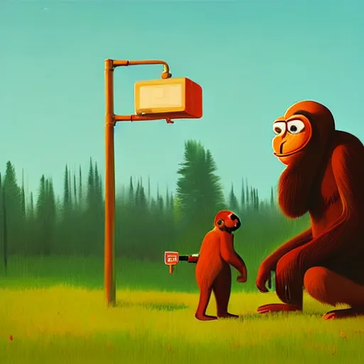 Image similar to ape teaching pepe by simon stalenhag