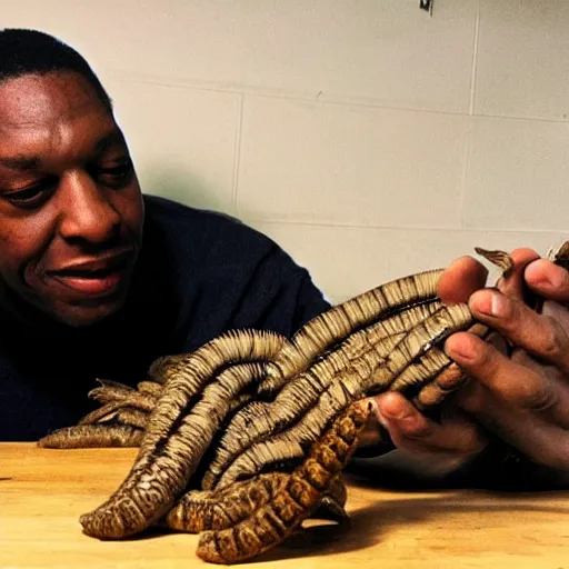 Image similar to john coltrane snuggling a giant mealworm