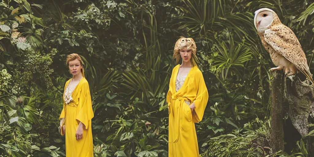 Image similar to film still of an elegant top model wearing a yellow kimono with a very detailed barn owl on her shoulder!!! in a tropical greenhouse. looking at the camera!!. super resolution. 85 mm f1.8 lens.bokeh. graflex. art by Alessio albi and ashley wood and Edmund Blair Leighton and John Singer Sargent! -