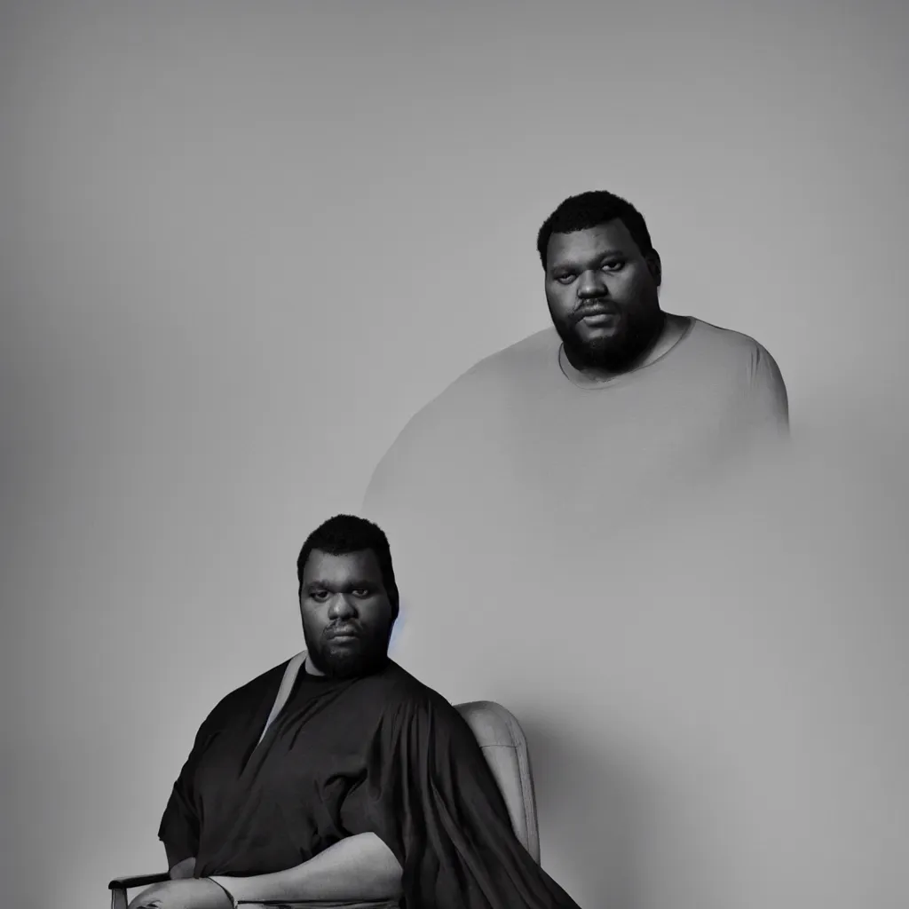 Prompt: one Large black man sitting on chair in front of background made of large folding silky curtains, dark, 8K photo realistic, black and white color, dimly lit, top light, dark