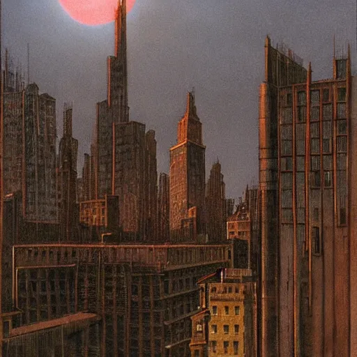 Prompt: A picture of Gotham City, Batman can be seen standing on the roof of a building in the background in the style of Zdzislaw Beksinski