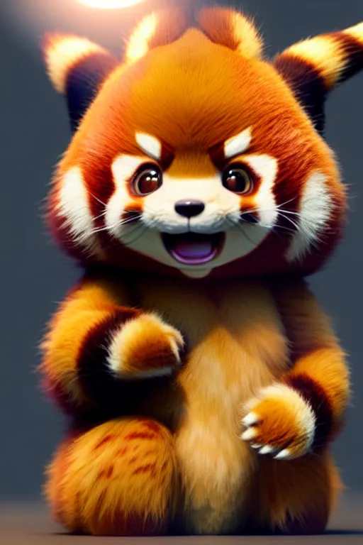 Image similar to high quality 3 d render hyperrealist very cute red panda & cat hybrid, vray, detective pikachu, very dramatic light, low angle, uhd 8 k, shallow depth or field