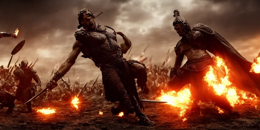 Image similar to epic battle screen of hero, film still from the movie'3 0 0'( 2 0 0 6 ), 3 d, 8 k realistic, cryengine, playstion 5 screen, cinematic lighting