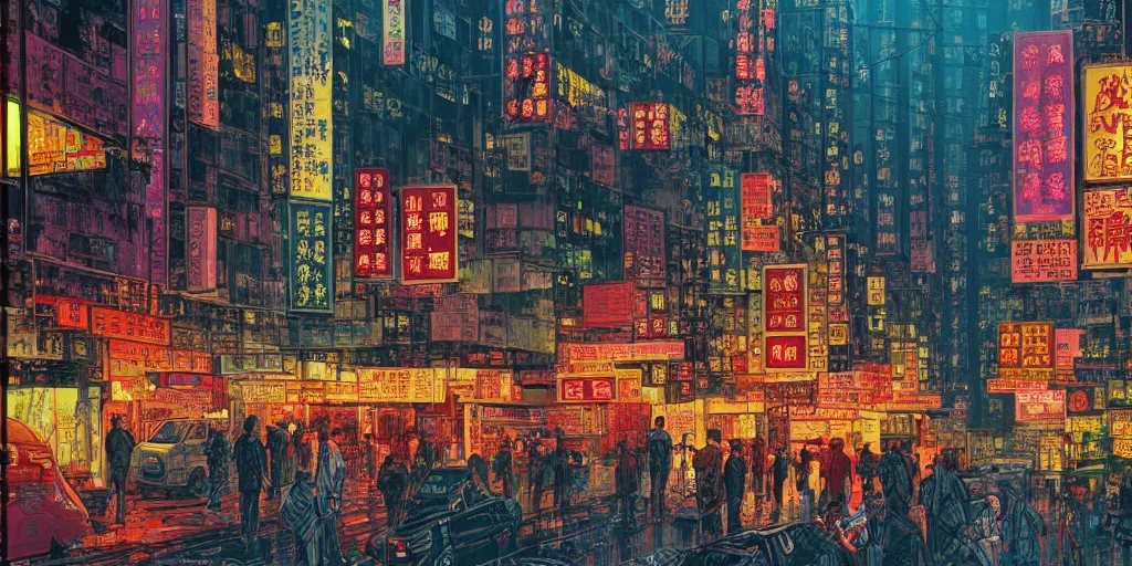 Prompt: a hong kong street, by dan mumford and peter doig, highly detailed, dramatic lighting, 8 k