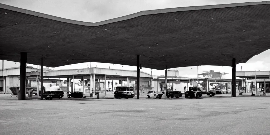 Prompt: port byron travel plaze bus station, leica, 2 4 mm lens, cinematic screenshot from the 2 0 0 1 surrealist film directed by charlie kaufman, kodak color film stock, f / 2 2, 2 4 mm wide angle anamorphic