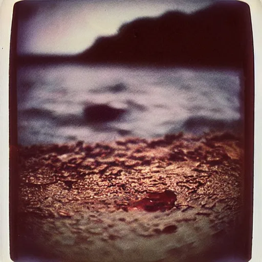 Prompt: a rusty bed at the bottom of the ocean, dark, murky water, underwater, old polaroid, expired film,