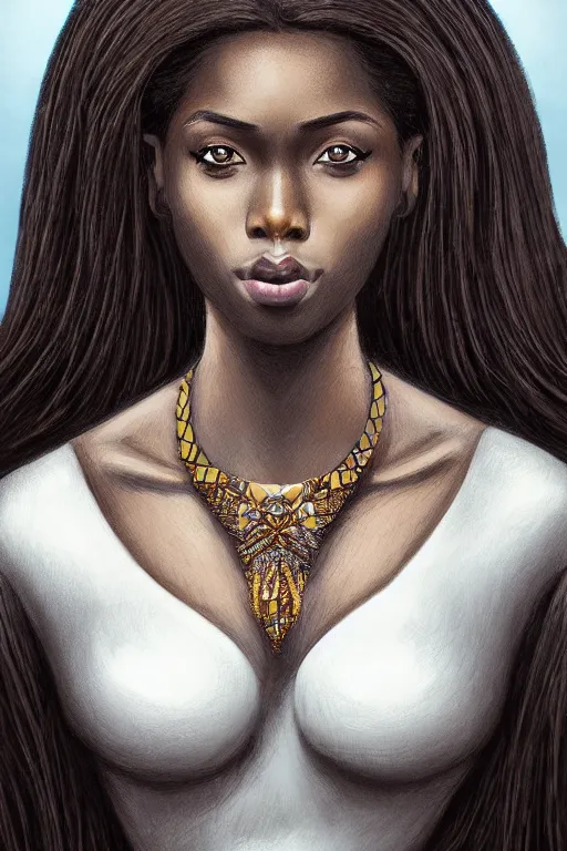 Prompt: A bust of a beautiful dark skinned Dominican Republic girl with large lips and smooth eyebrows and straight hair, HD, illustration, epic, fantasy, intricate, elegant, amazing detail, digital painting, artstation, concept art, smooth, sharp focus, illustration, art by Turine Tran