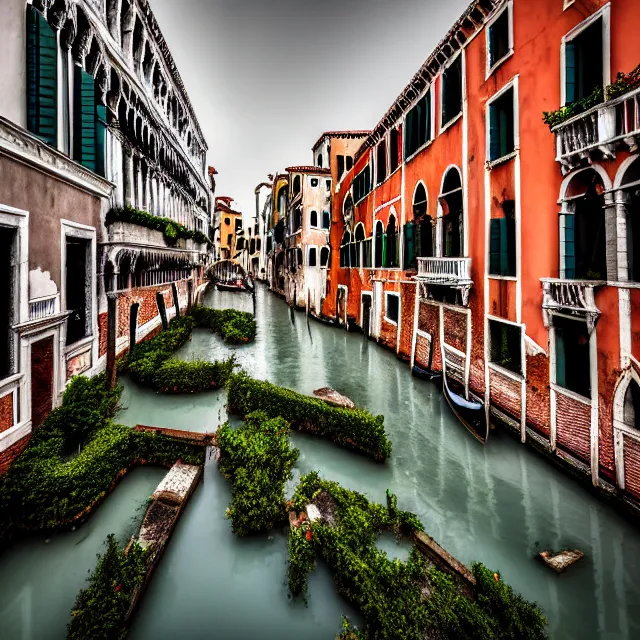 Image similar to photo of overgrown venice in ruins, highly detailed, 8 k, hdr, close up, smooth, sharp focus, high resolution, award - winning photo